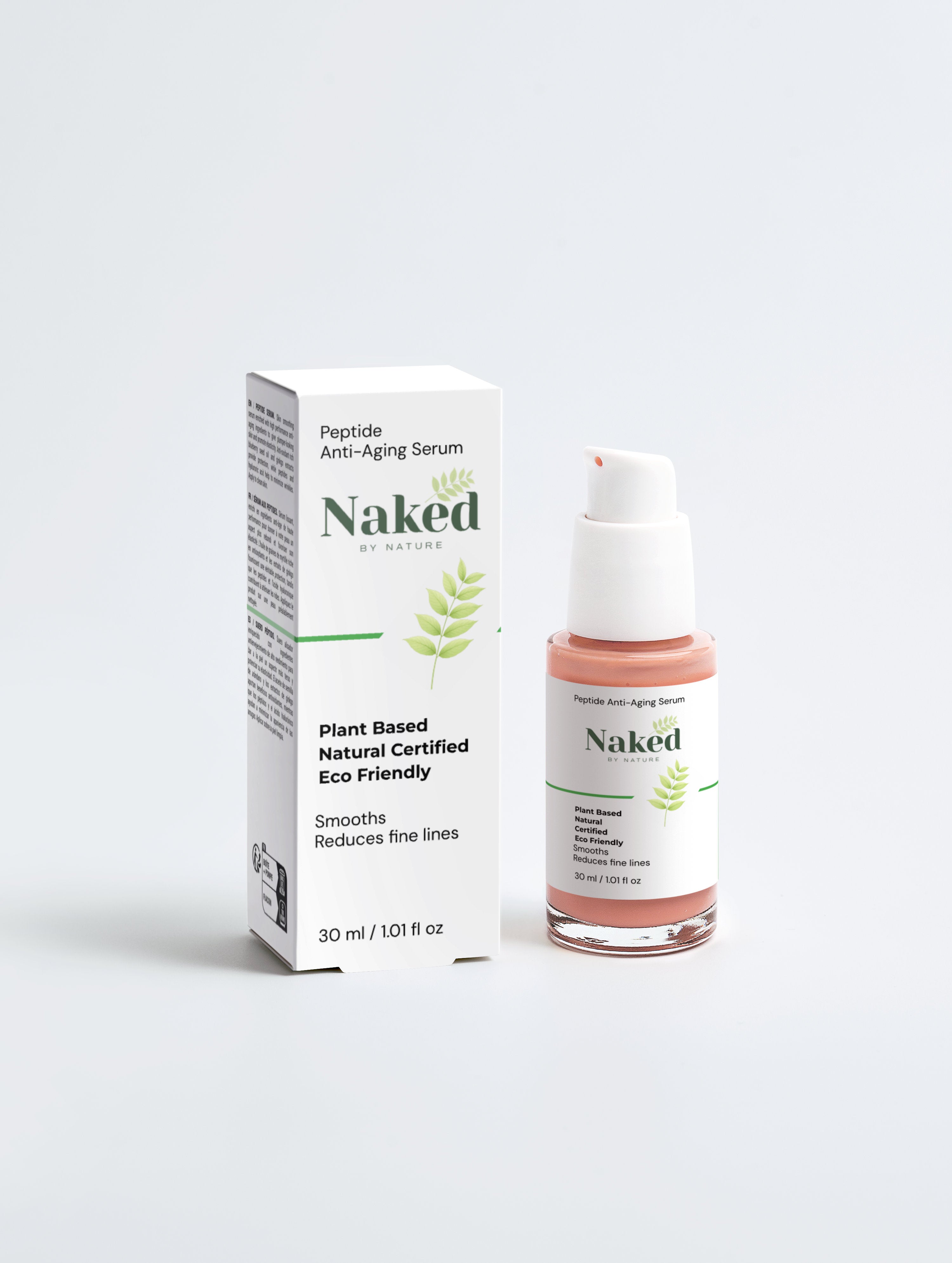 Plant-based peptide anti-aging serum in glass bottle with pump, eco-friendly natural skincare
