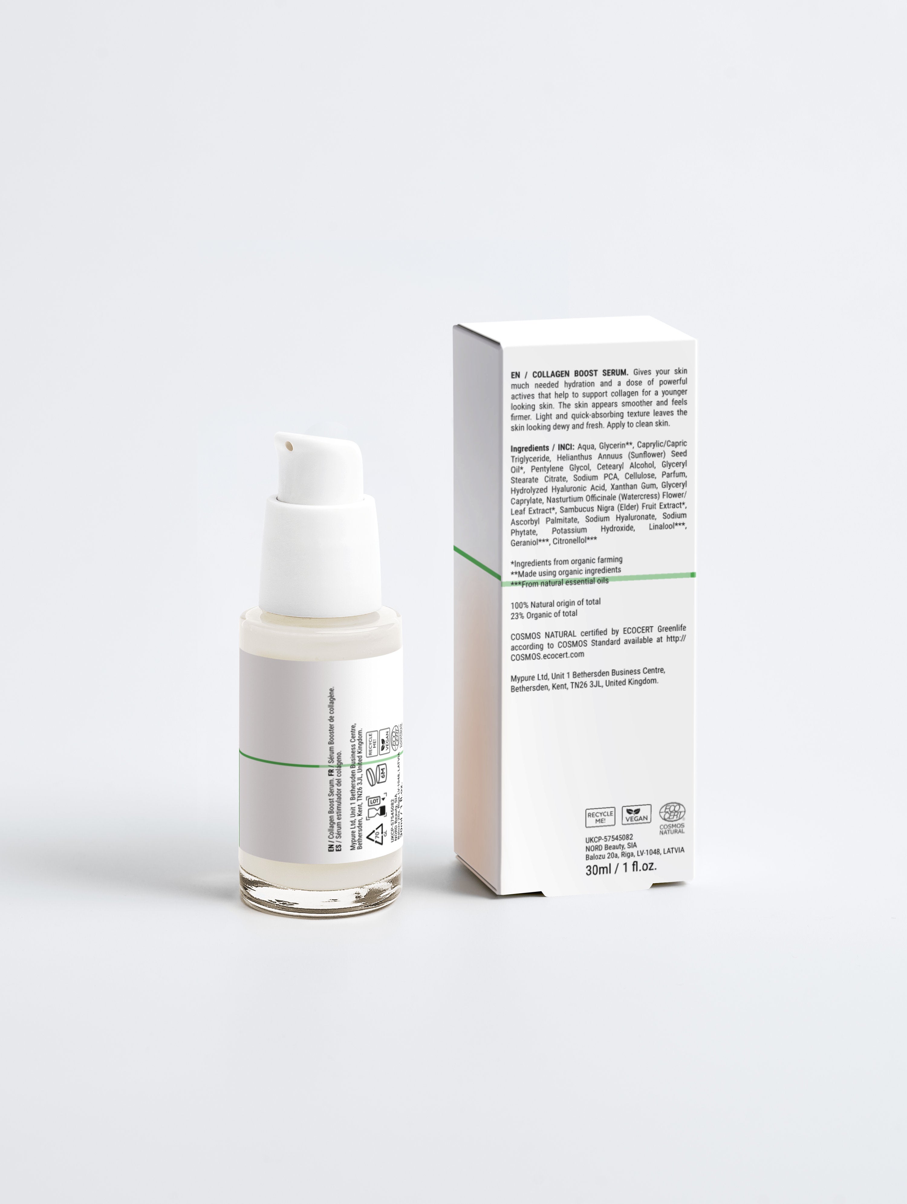 Collagen Boost Serum bottle and box, vegan, COSMOS Natural certified, plant-based skincare for hydration and firming