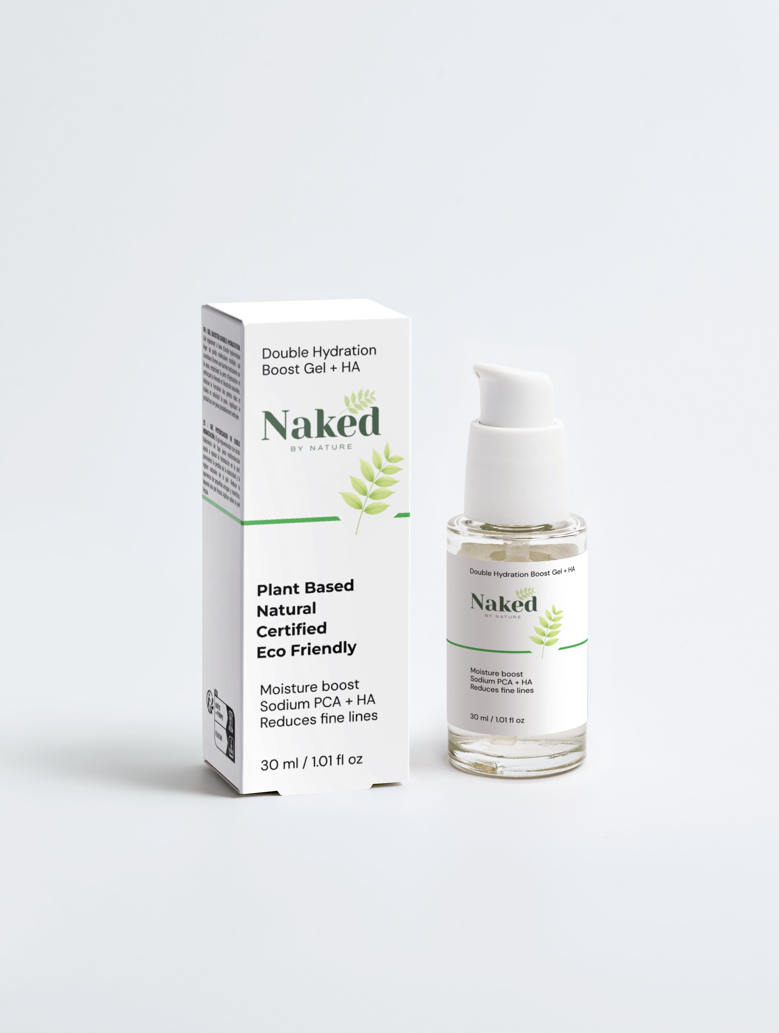 Plant-based hydration gel with Sodium PCA + HA, reduces fine lines, eco-friendly skincare