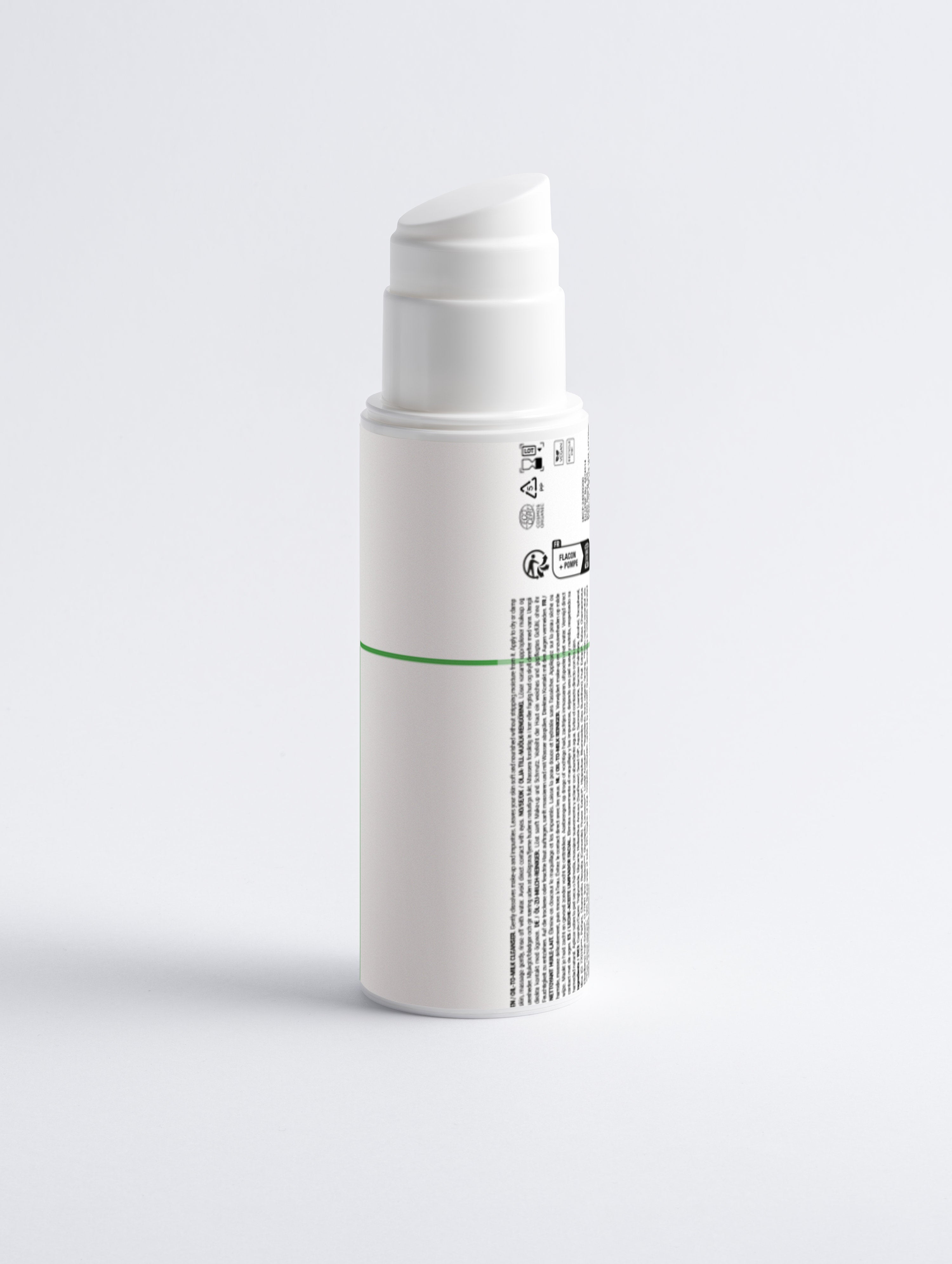 White skincare bottle with pump dispenser, minimalist design, green accent line, clean label on white background