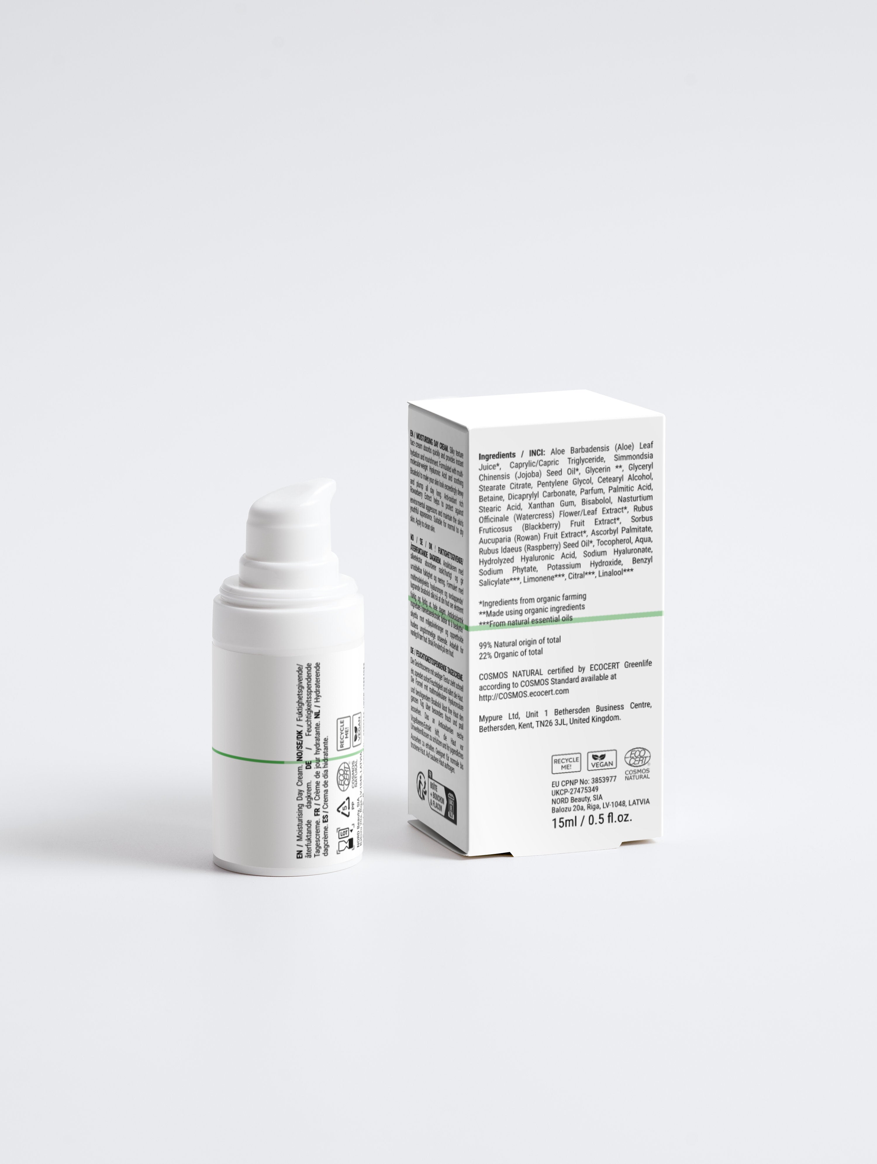 Moisturising day cream with natural ingredients, vegan & COSMOS certified, 15ml bottle and box