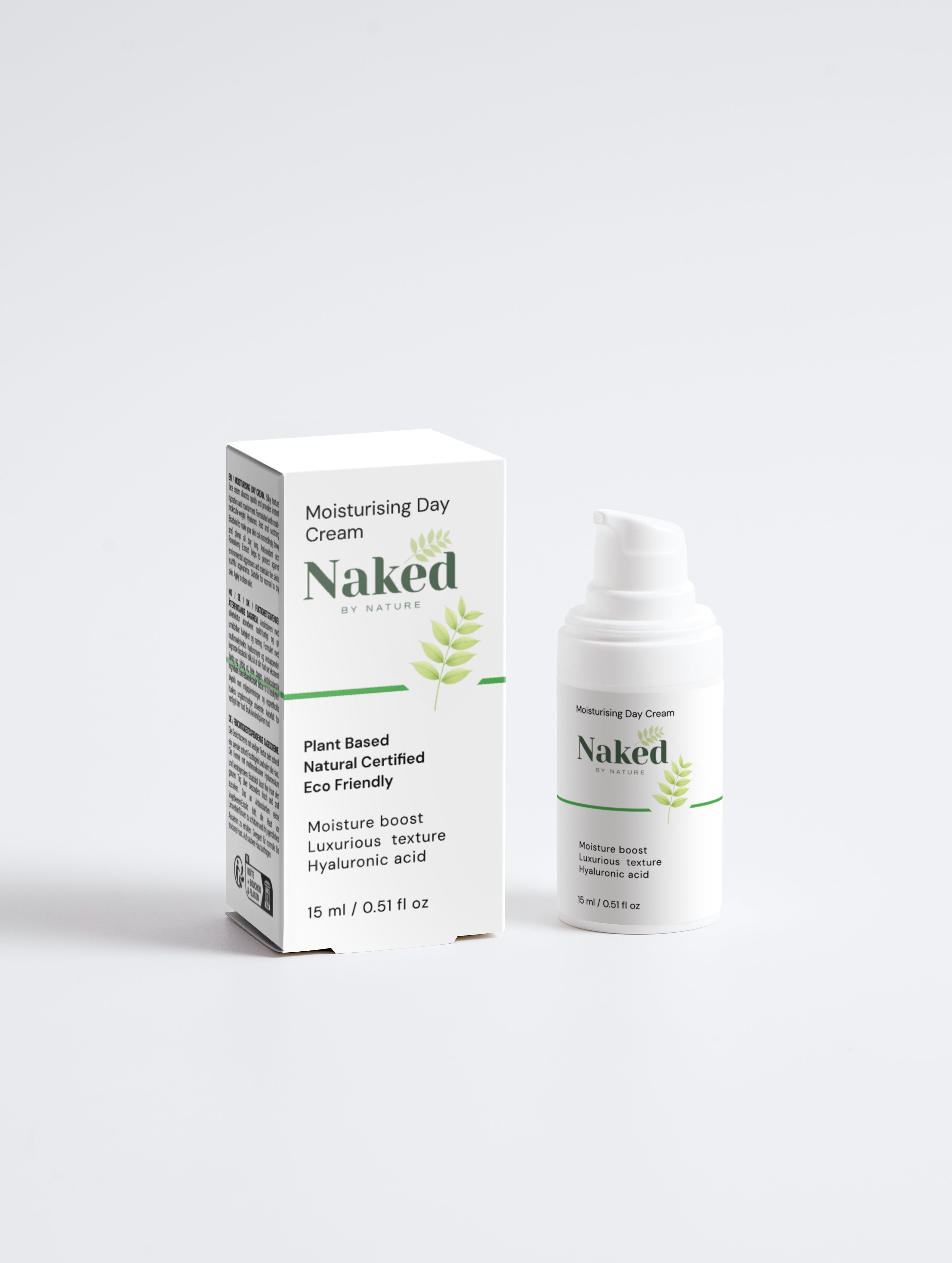 Moisturising Day Cream with hyaluronic acid, plant-based & eco-friendly formula in white packaging