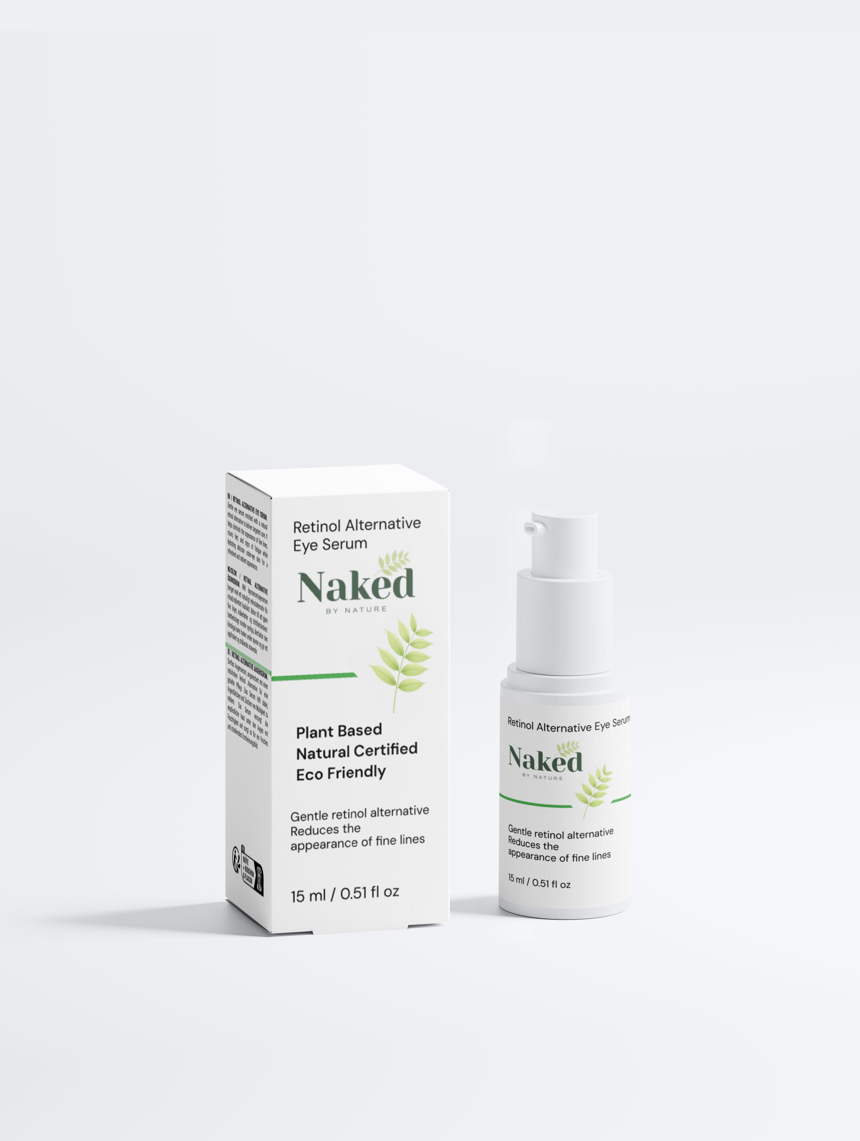 Plant-based retinol alternative eye serum in white bottle and box, reduces fine lines, eco-friendly skincare