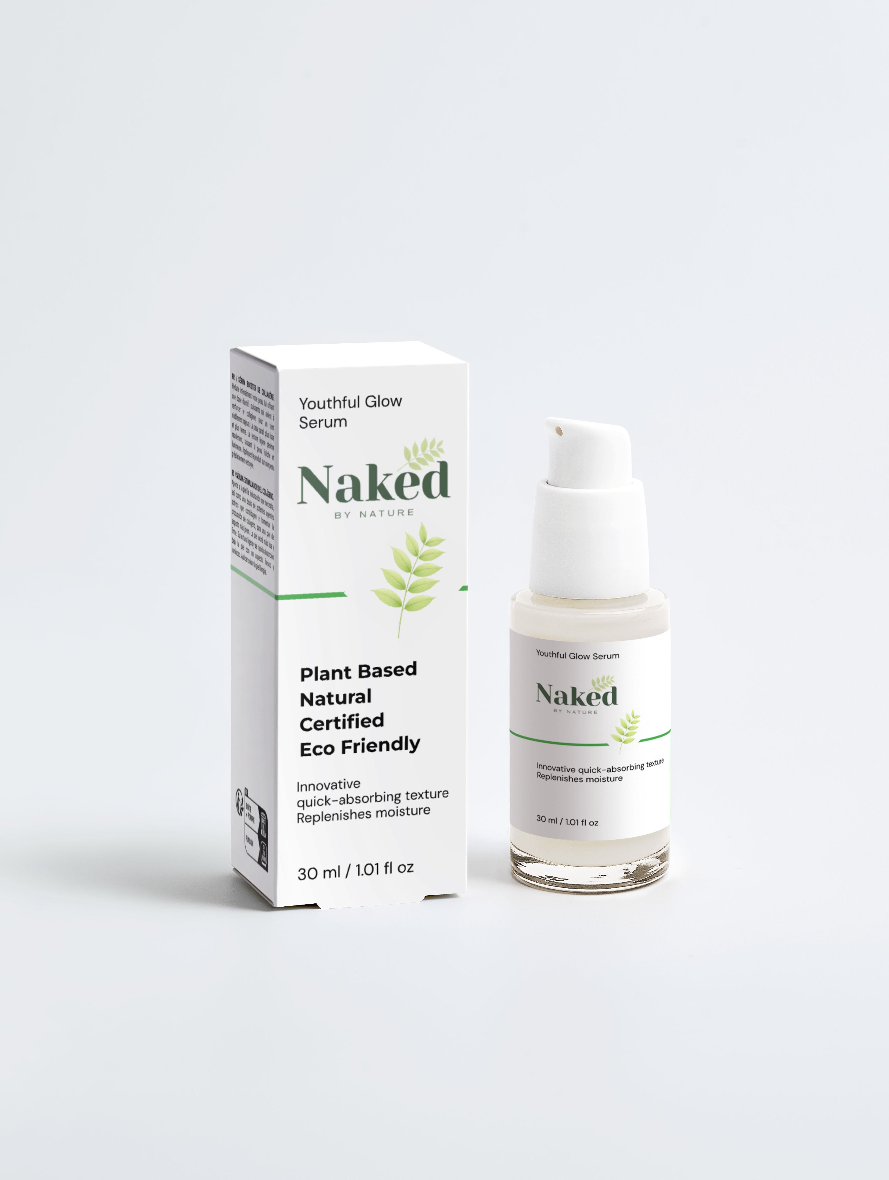 Youthful Glow Serum bottle and box, plant-based, natural, eco-friendly skincare with quick-absorbing texture