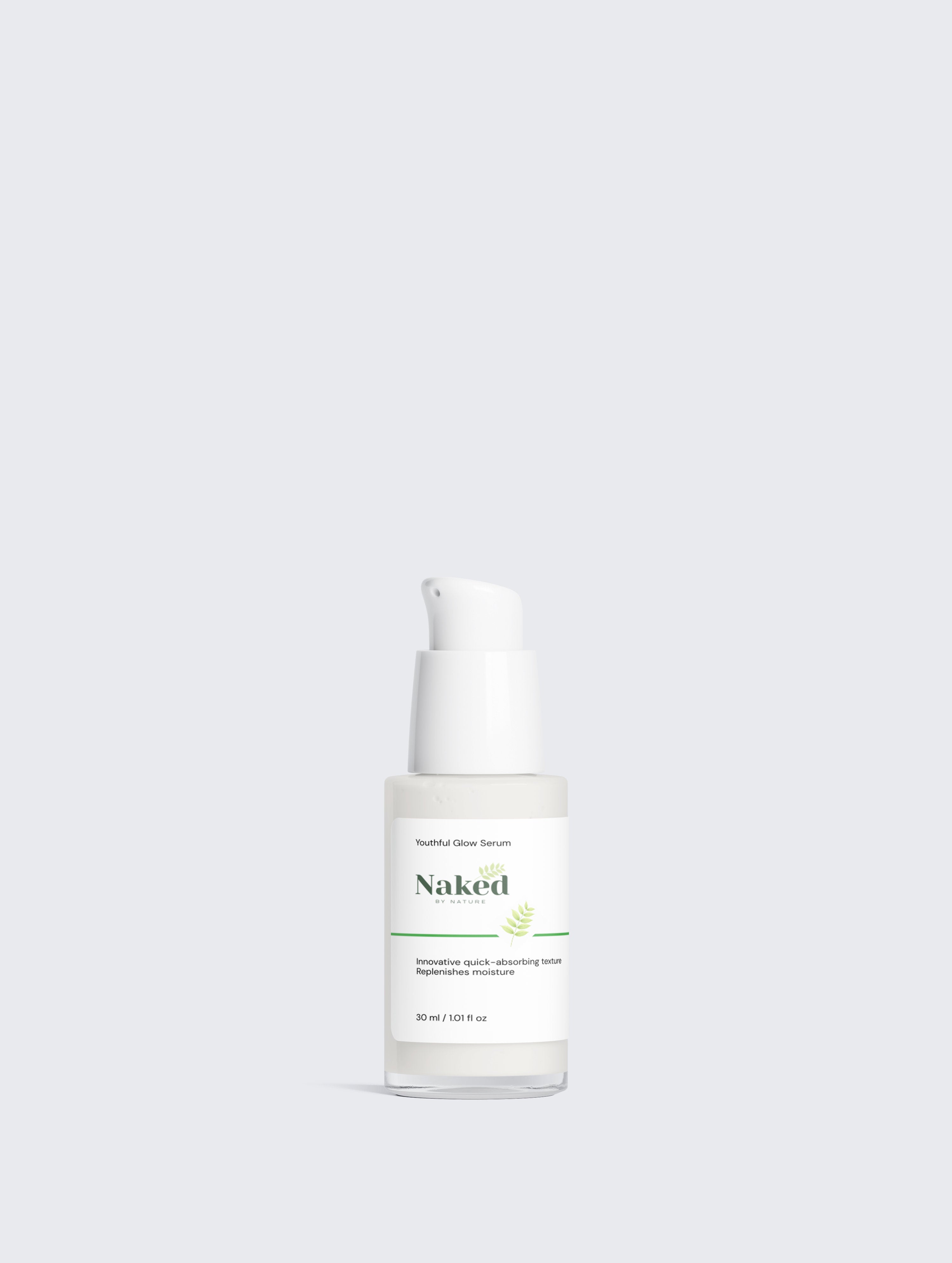 Youthful Glow Serum in clear bottle with white pump, quick-absorbing plant-based skincare for moisture replenishment
