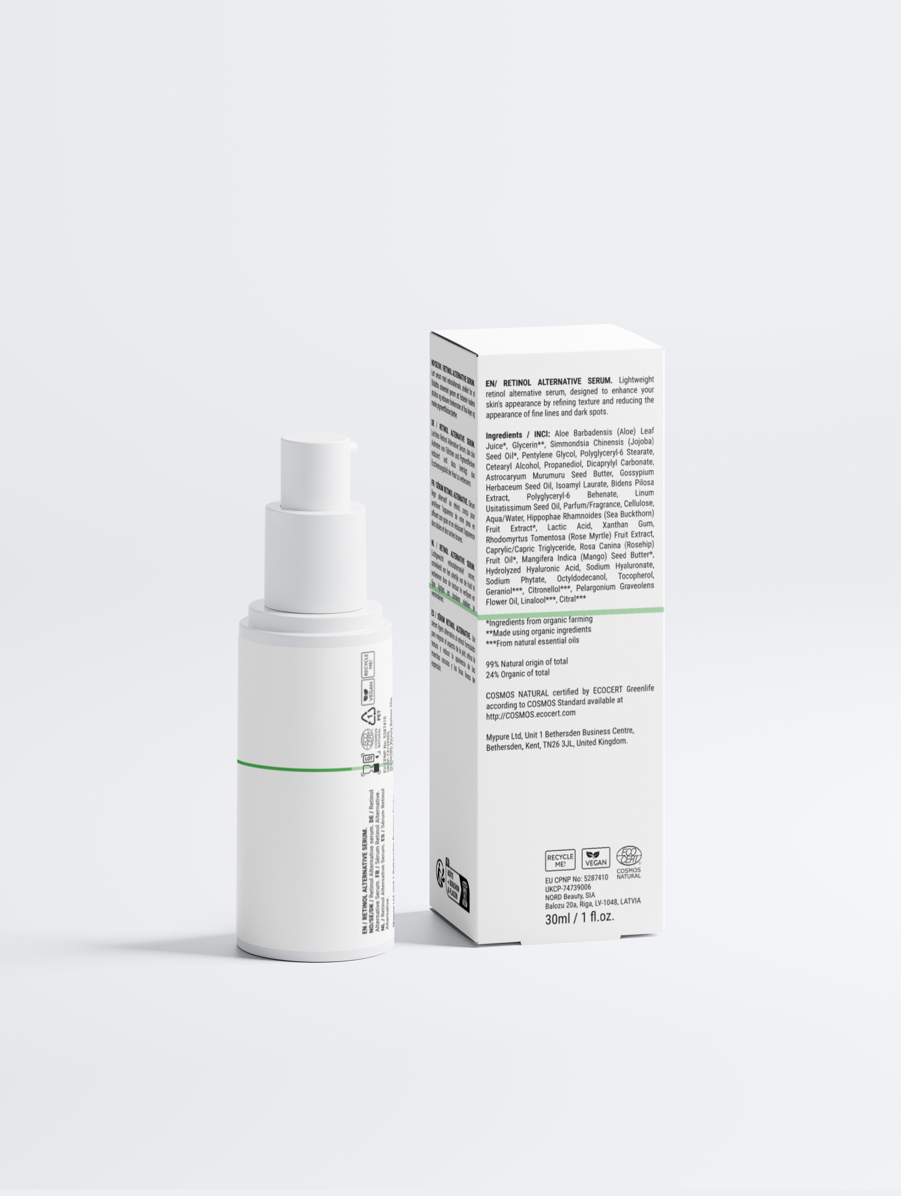 Retinol alternative serum in white bottle with pump, beside product box showing natural ingredients and vegan certification