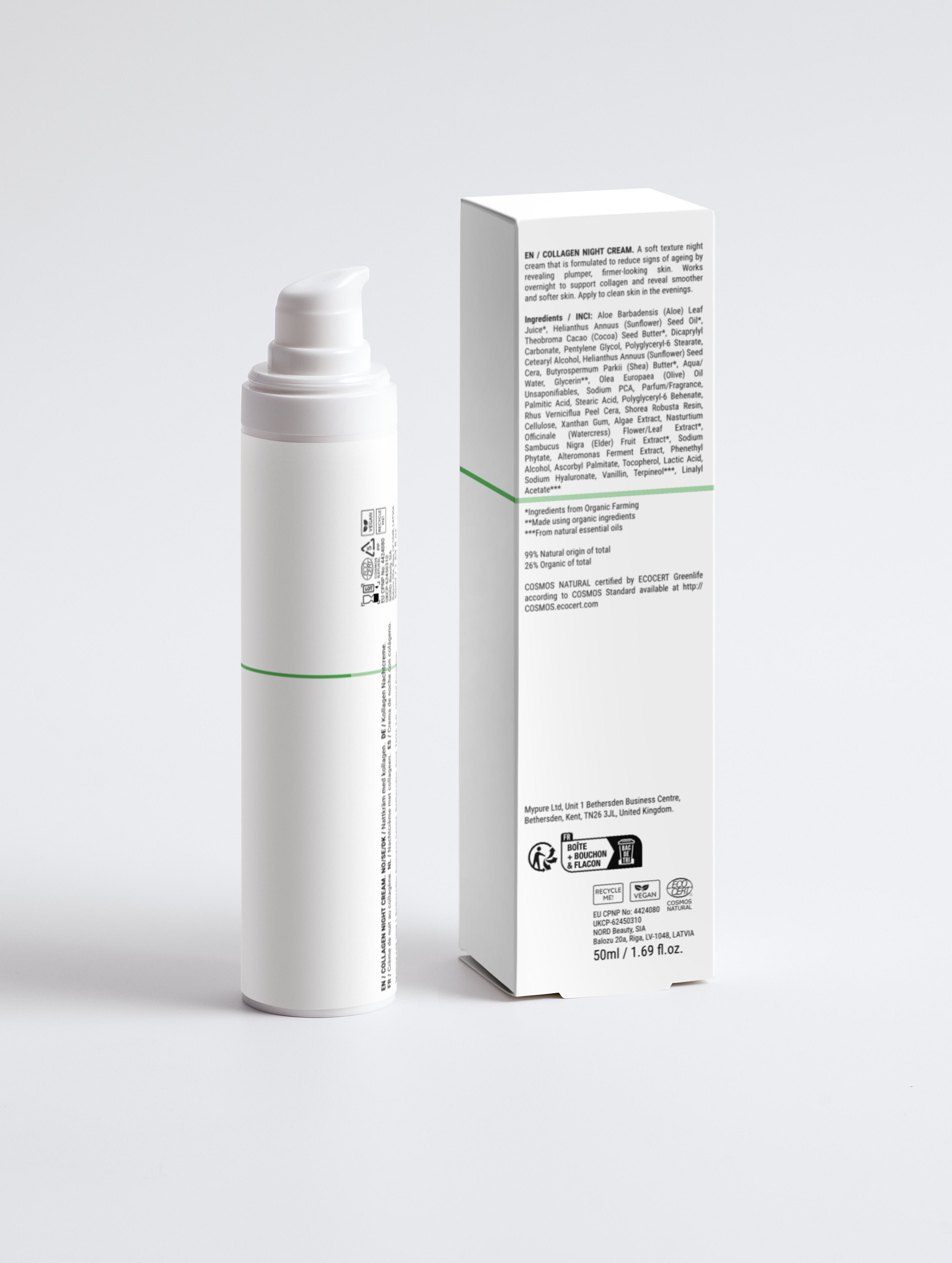 Collagen night cream in white pump bottle with packaging, vegan, COSMOS Natural certified, 50ml