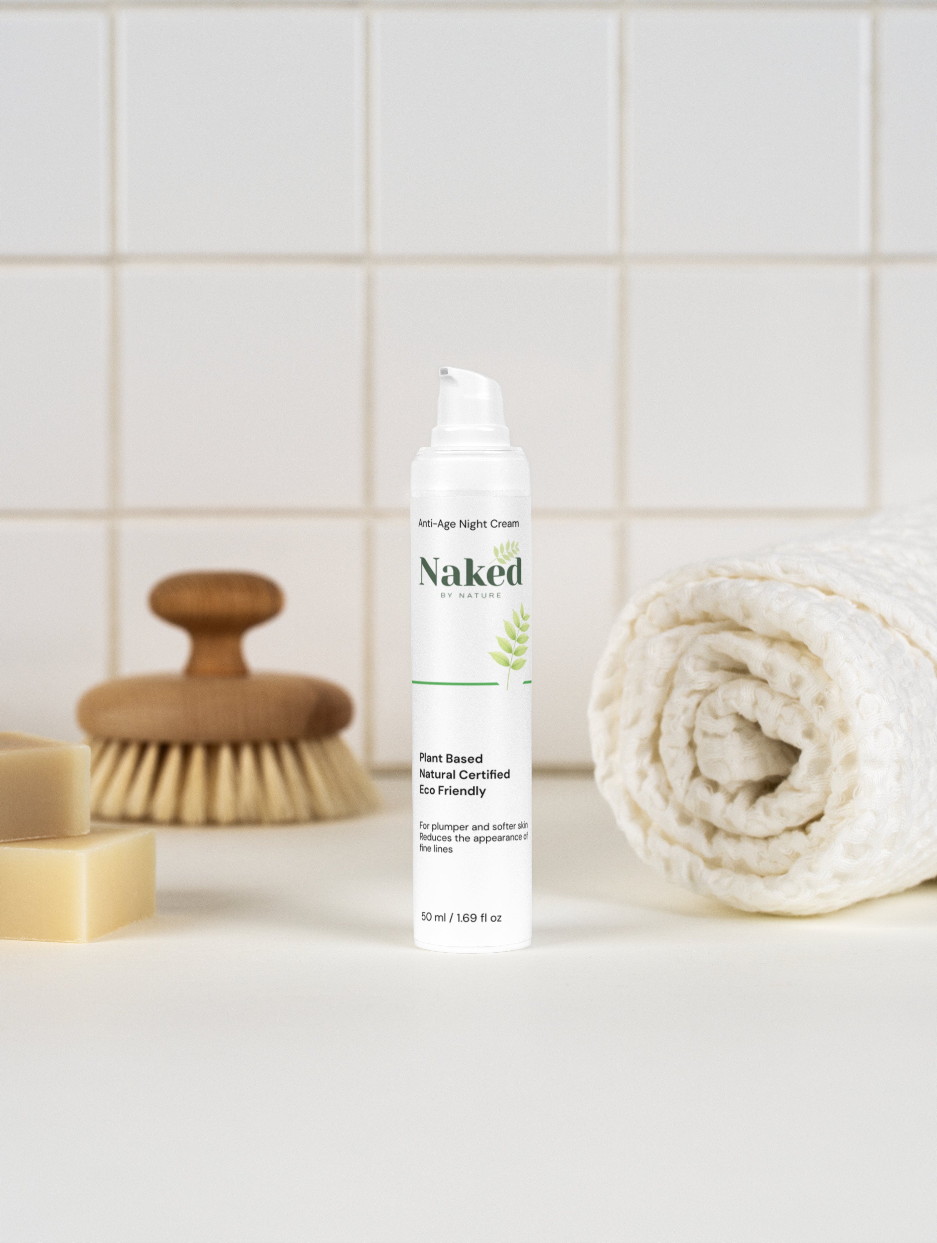 Plant-based anti-age night cream for softer skin, eco-friendly & natural certified, with soap, brush, towel