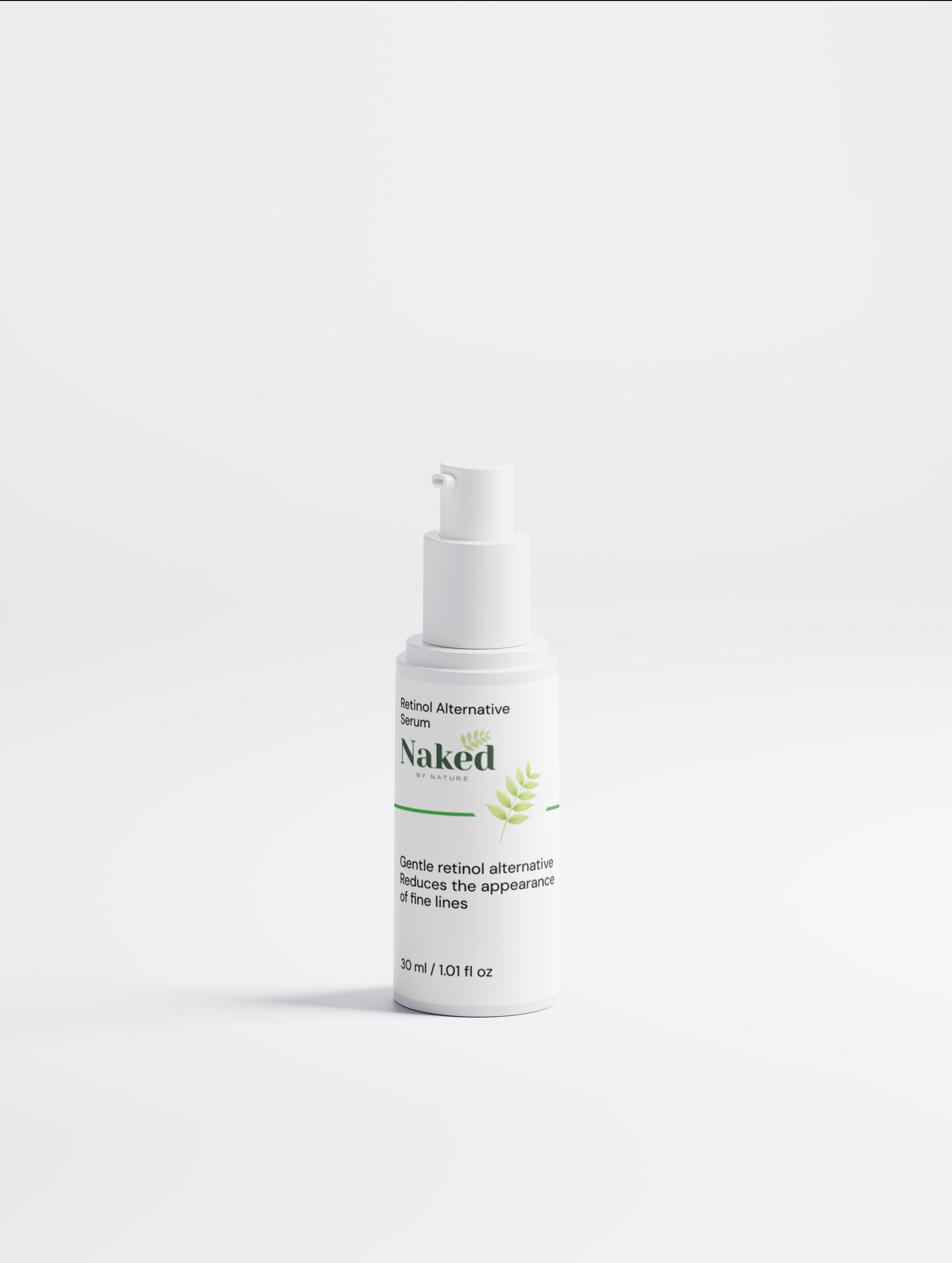 Retinol Alternative Serum in white bottle with green leaf design, reduces fine lines, plant-based skincare