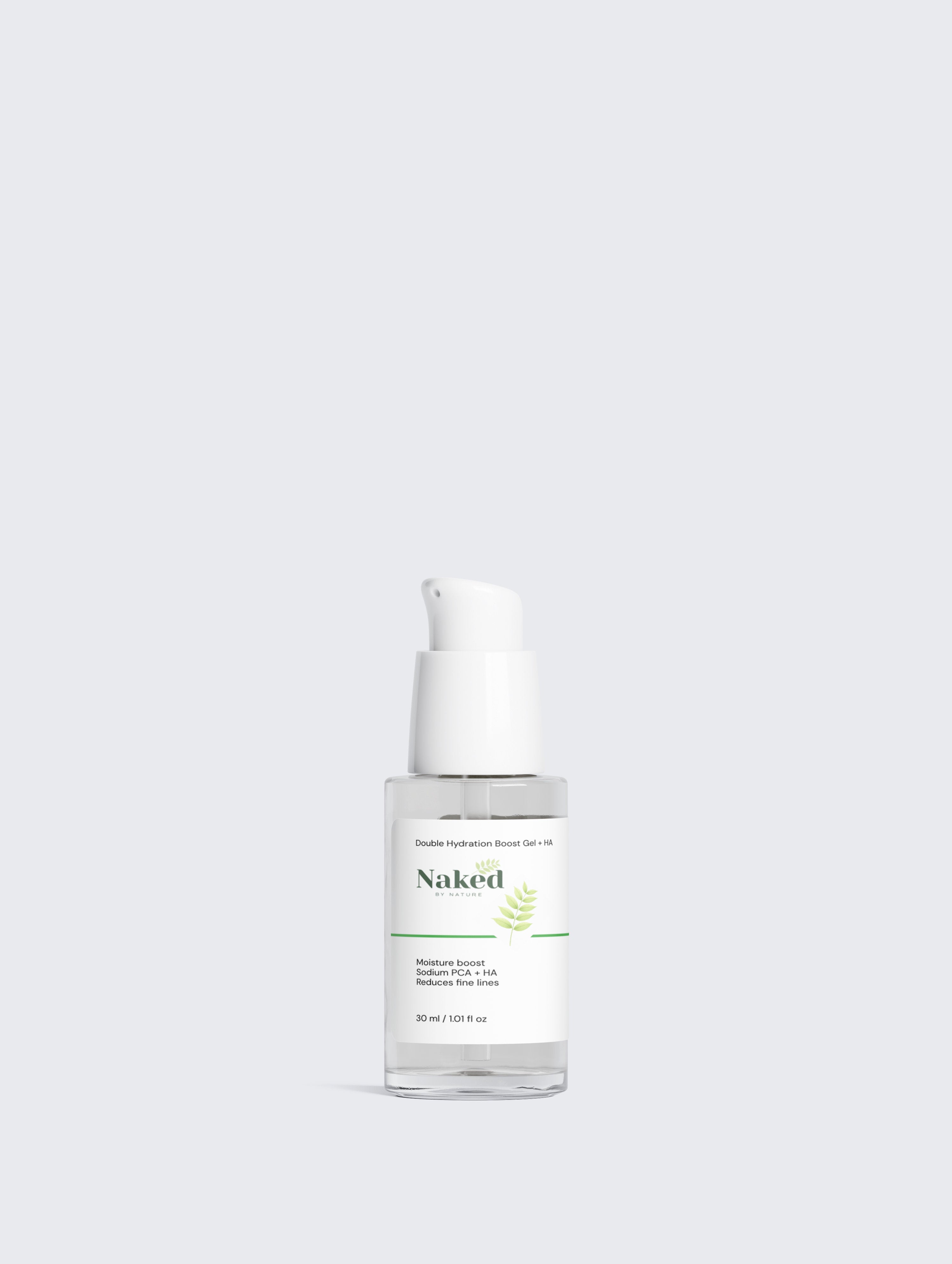 Double Hydration Boost Gel + HA for moisture boost and fine line reduction, plant-based skincare in clear bottle