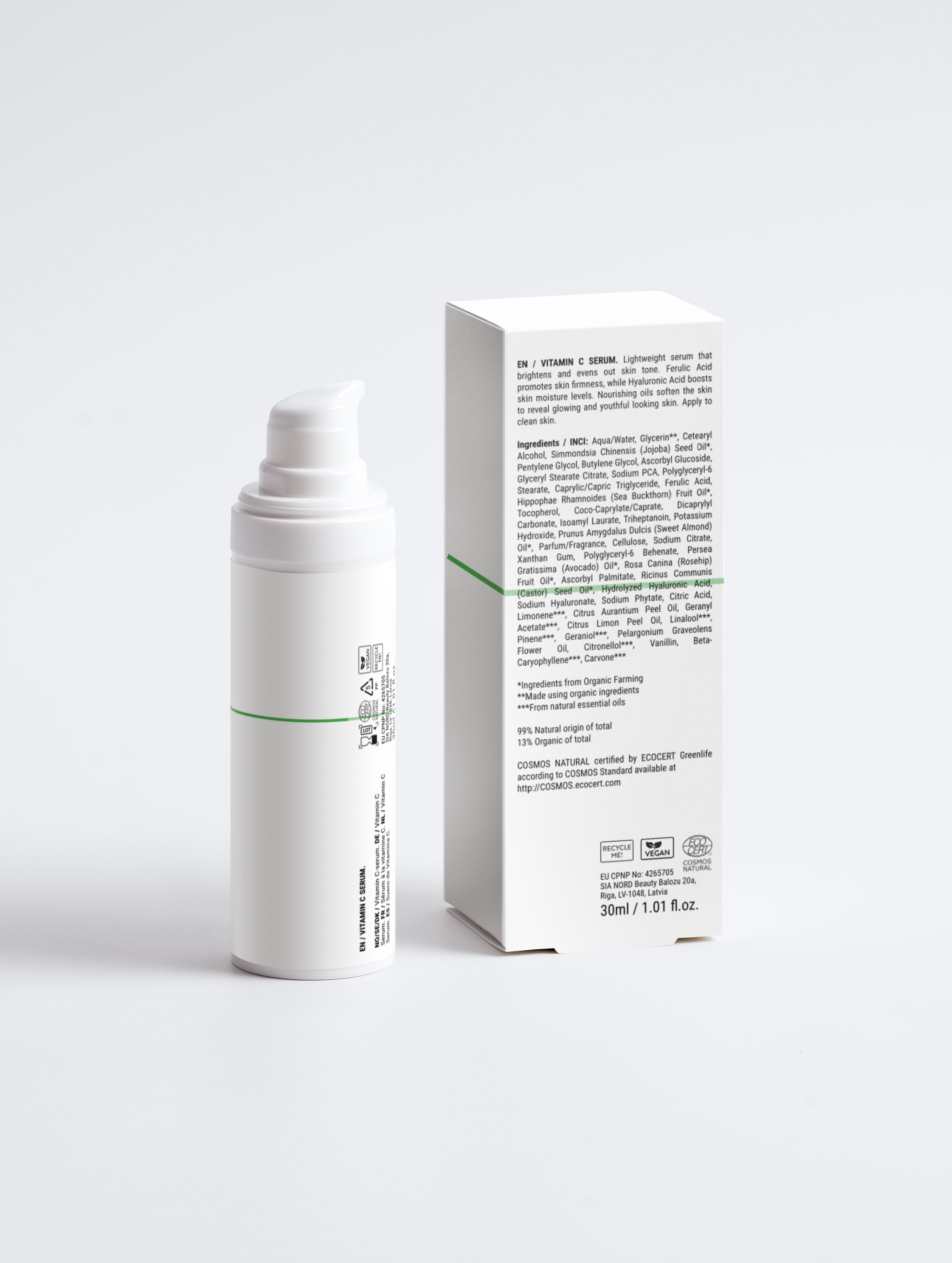 Vitamin C serum bottle and box with natural, vegan, and COSMOS certified skincare ingredients for glowing skin