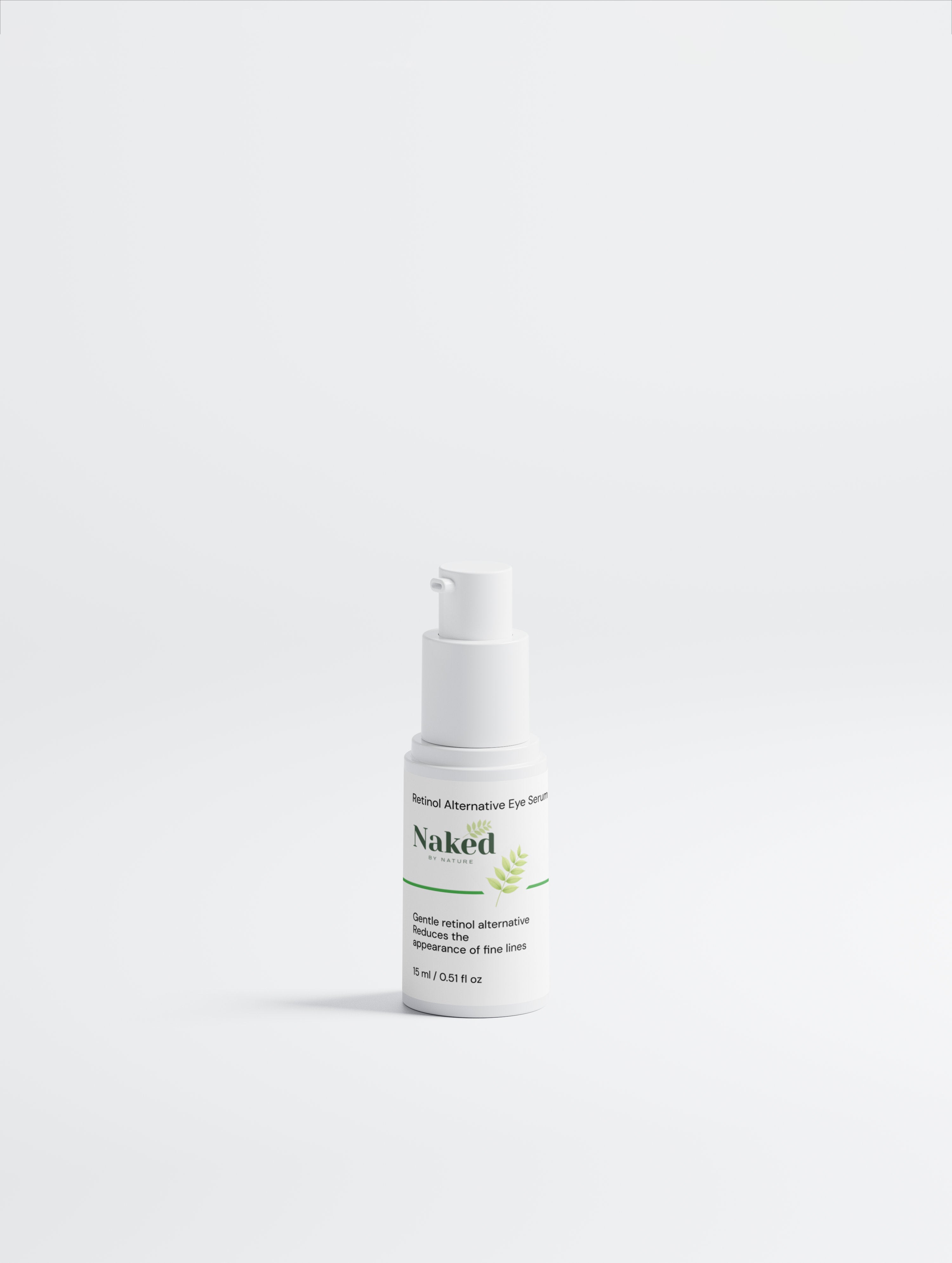 Retinol alternative eye serum in white bottle with pump, gentle formula reduces fine lines, plant-based skincare