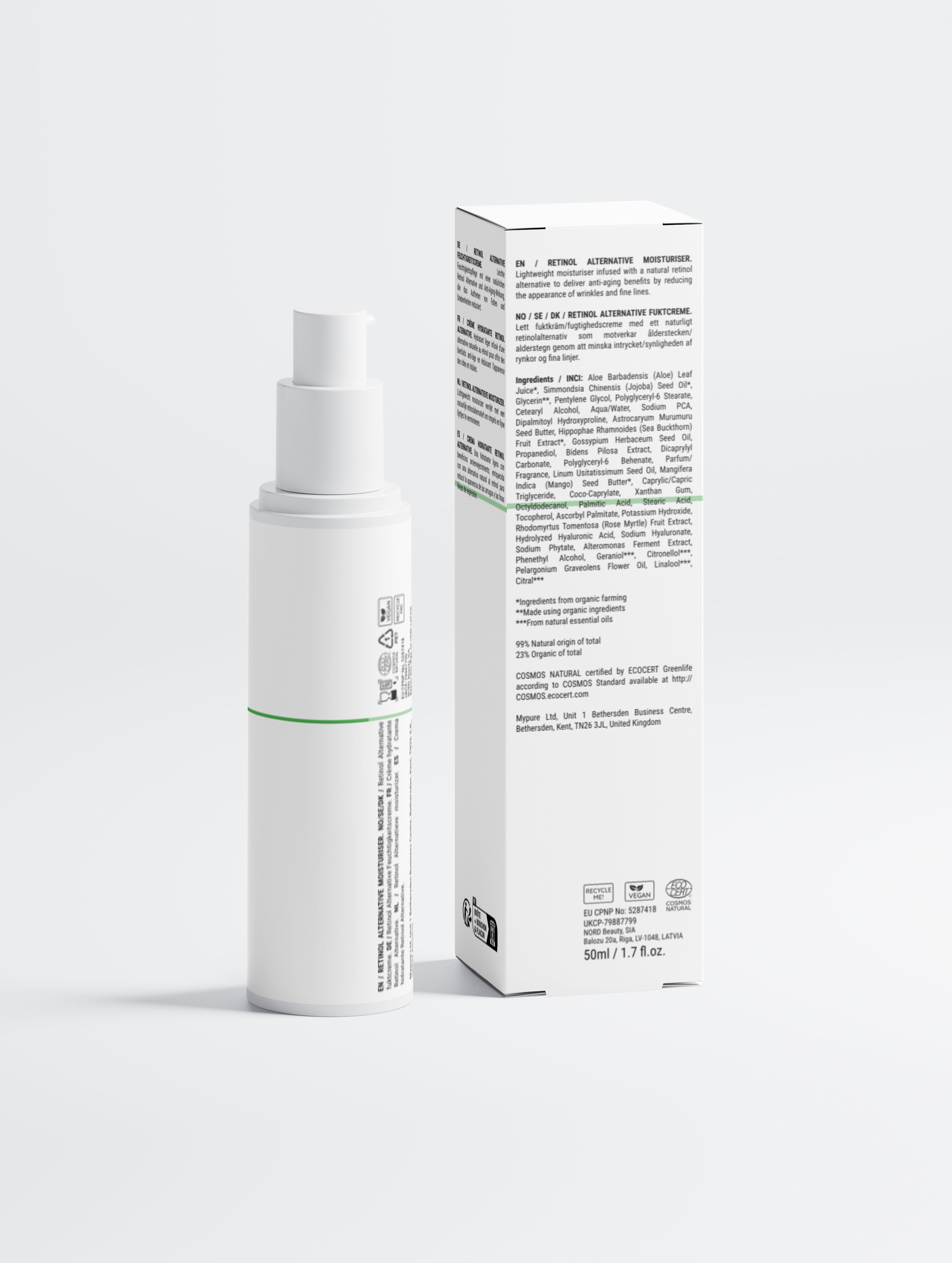 Retinol alternative moisturizer bottle and box, vegan, COSMOS Natural certified, plant-based skincare