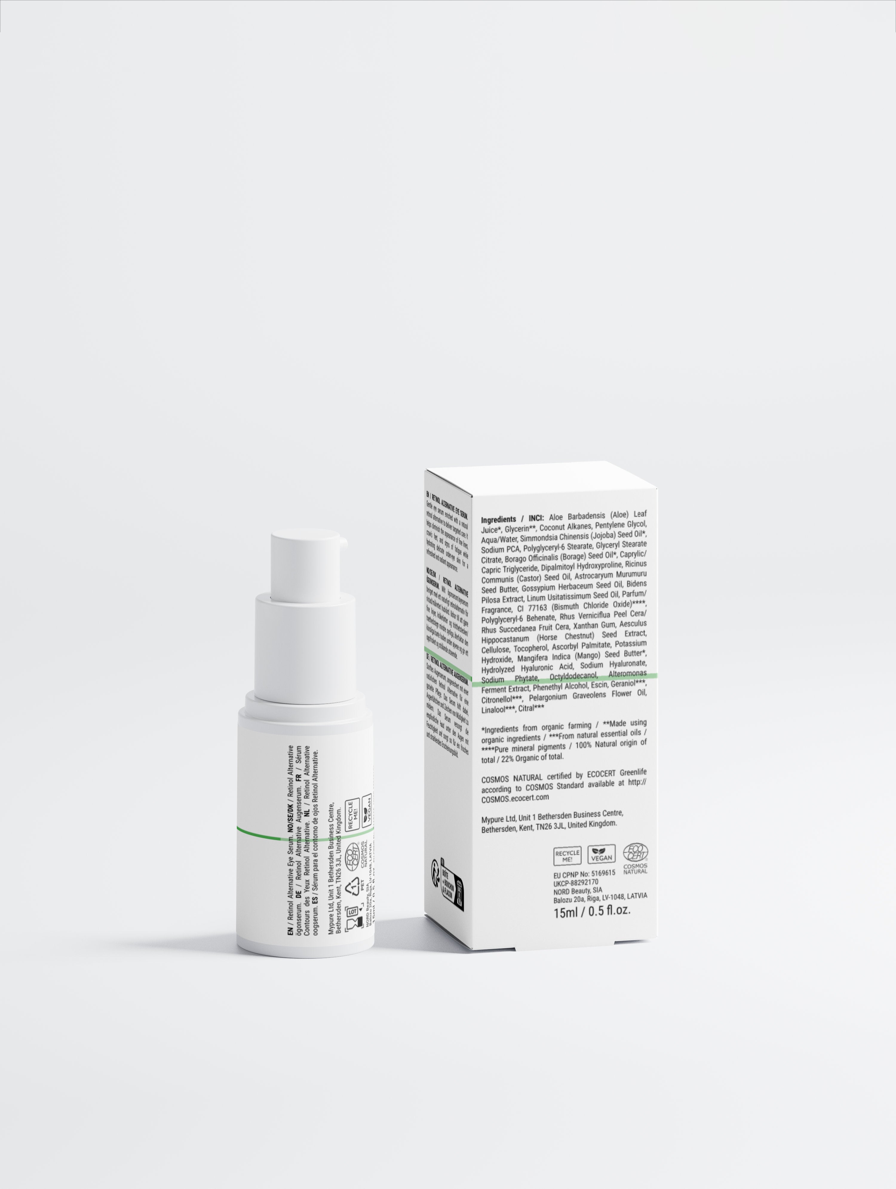 Retinol alternative eye serum in white bottle with box, vegan, COSMOS Natural certified, plant-based skincare