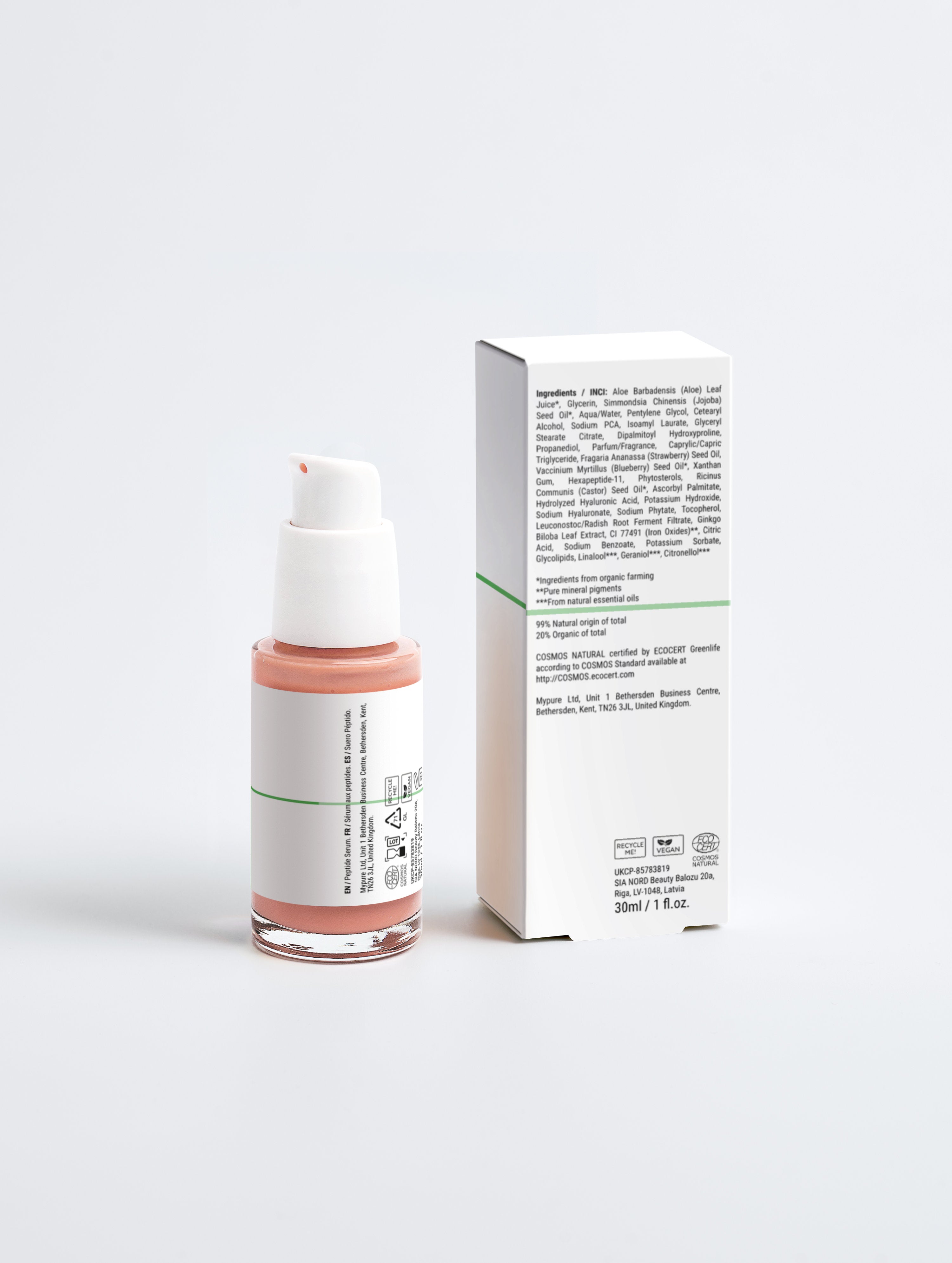 Natural peptide serum in glass bottle with white pump, beside packaging showing organic ingredients and COSMOS certification