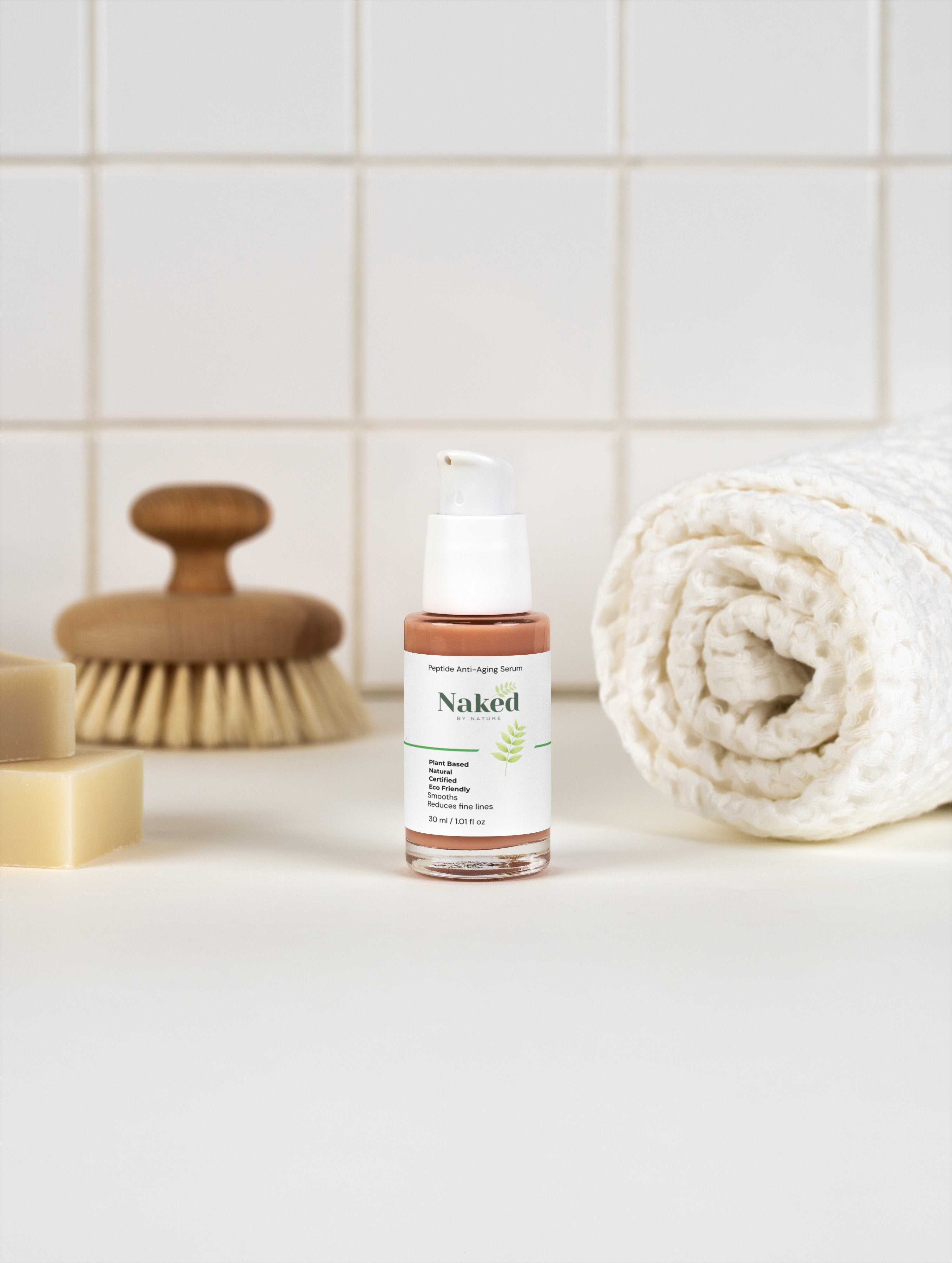 Plant-based anti-aging serum with natural ingredients, eco-friendly skincare in bathroom setting