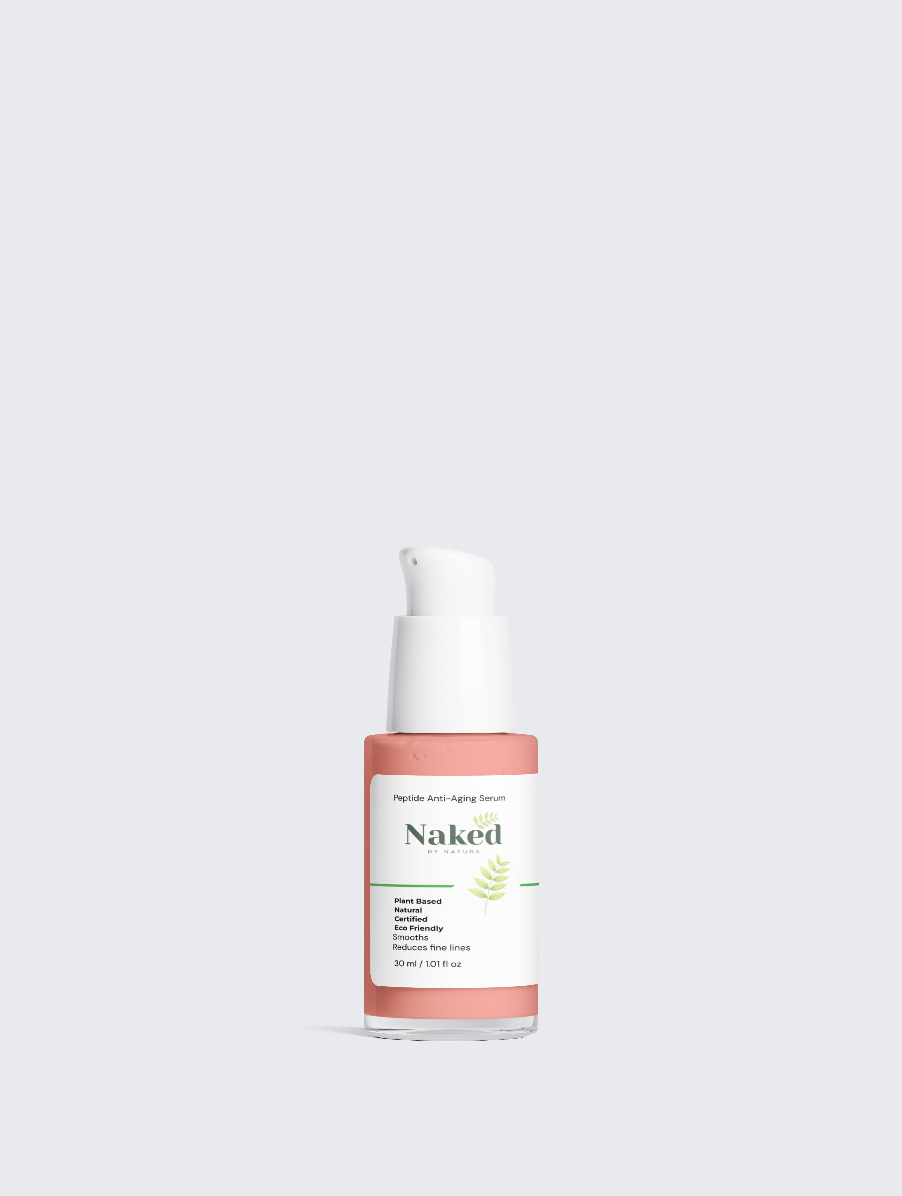 Peptide Anti-Aging Serum in pink glass bottle, plant-based, natural, eco-friendly, reduces fine lines