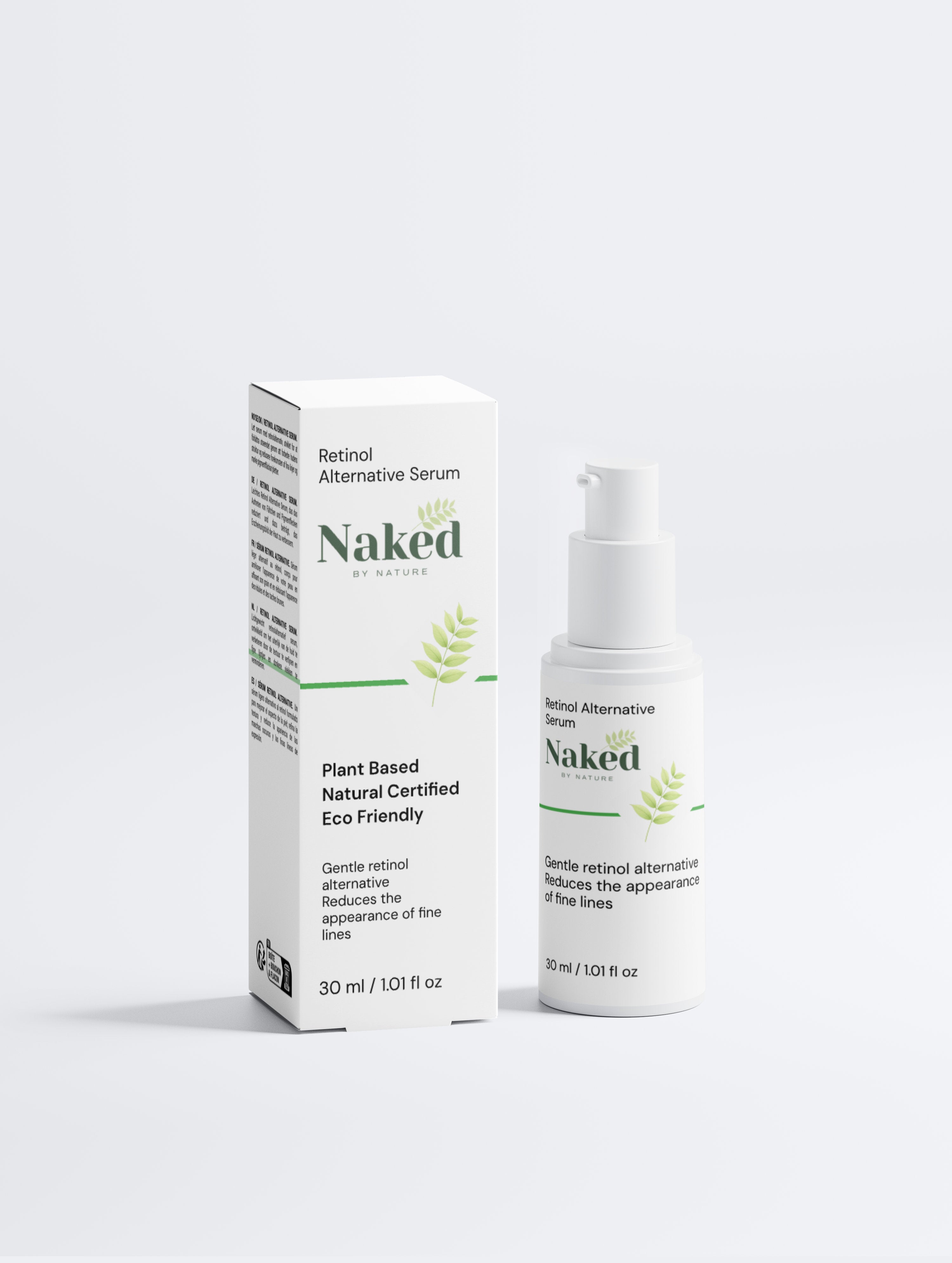 Plant-based retinol alternative serum in white bottle and box, reduces fine lines, eco-friendly skincare